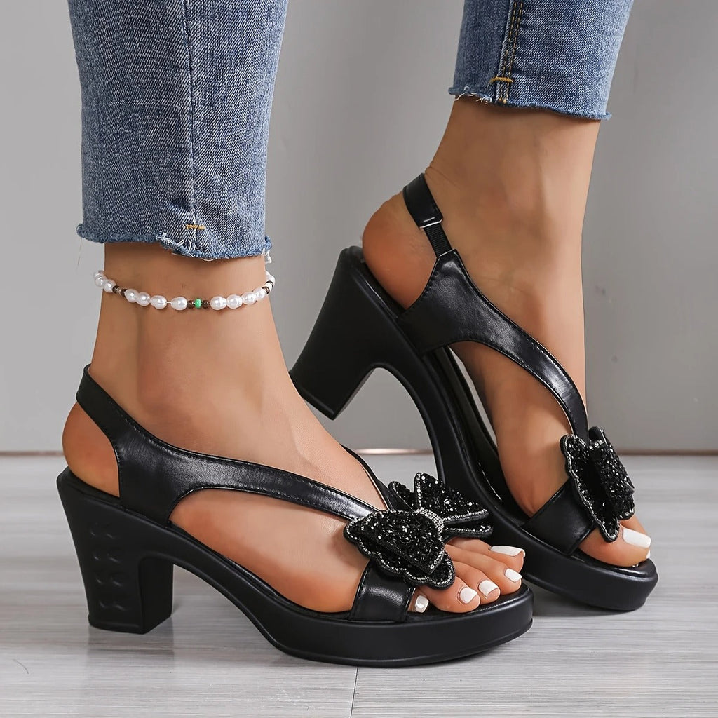 Women's Rhinestone Bow Heel Sandals